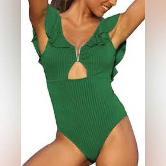 Musemaker One Piece Swimsuit Slimming Cutout Deep V Neck Ruffle Ribbed NWT - Picture 7 of 7